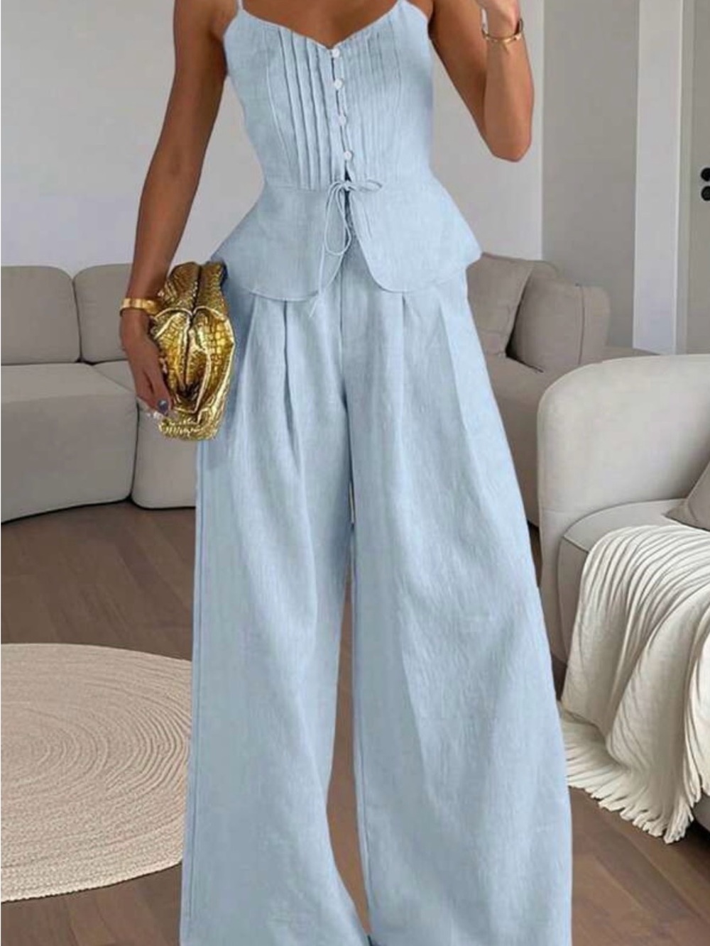 2 Pièces Set, Light Blue Wide-Leg Jumpsuit with Corset Top